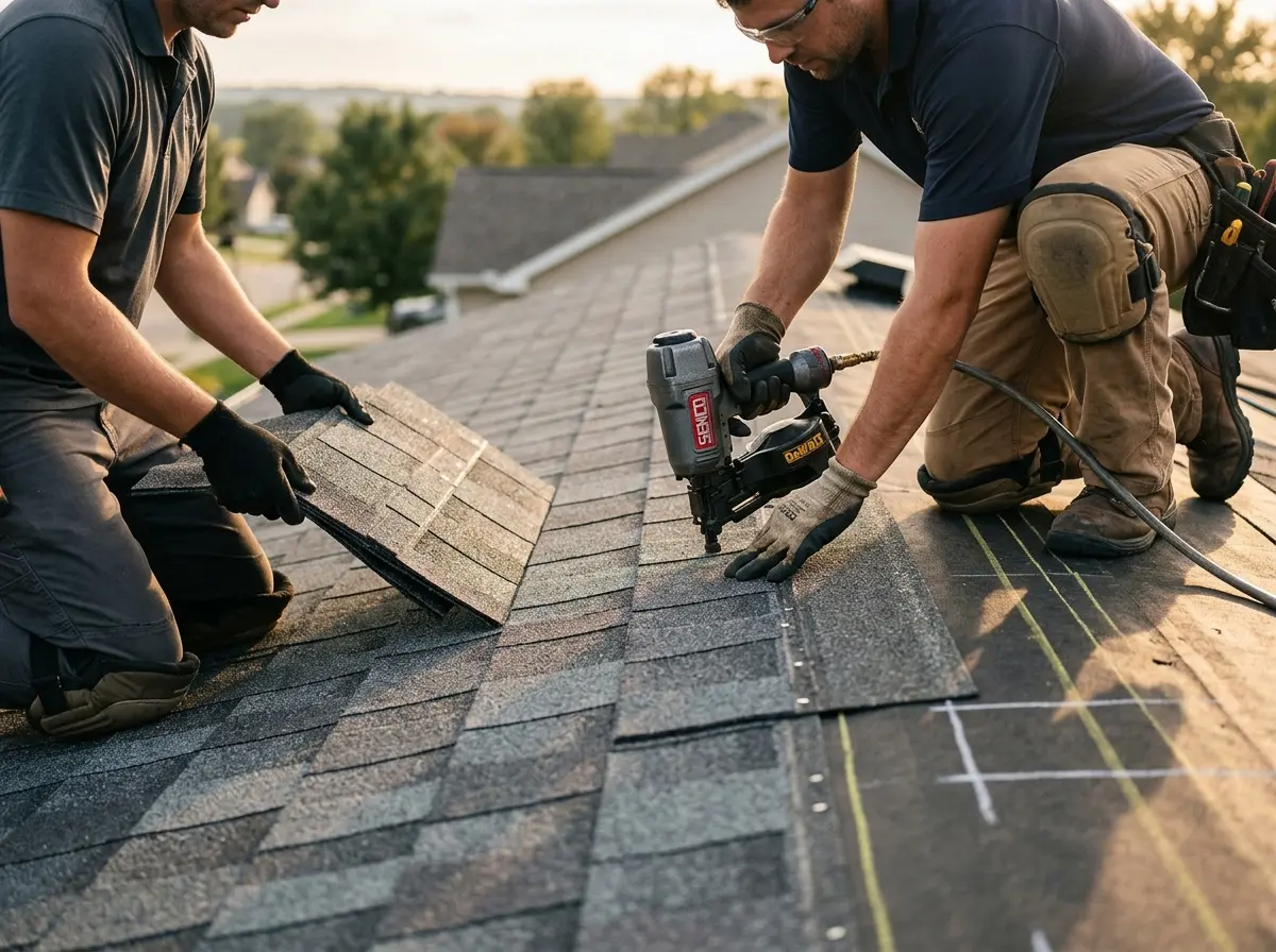 Professional roofer working on a residential roof in West Dundee